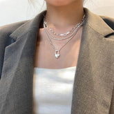 Women's Double-Layer Chain Heart-Shape Lock Necklace S925 Sterling Silver